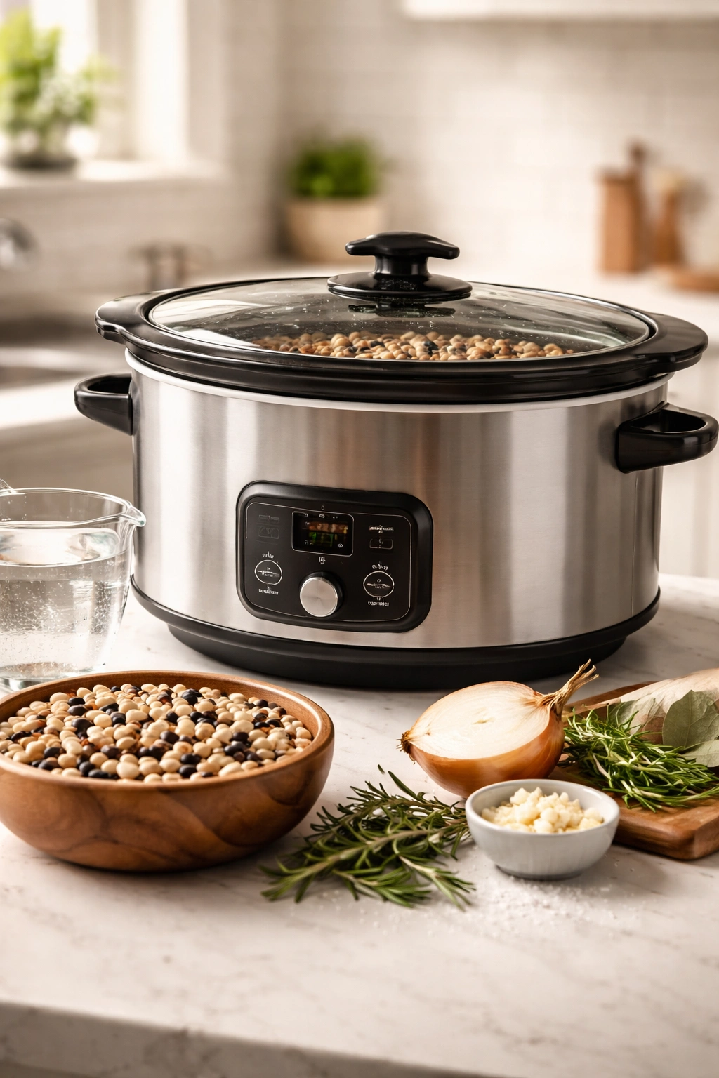 Slow cooker on kitchen counter with lid closed, natural light