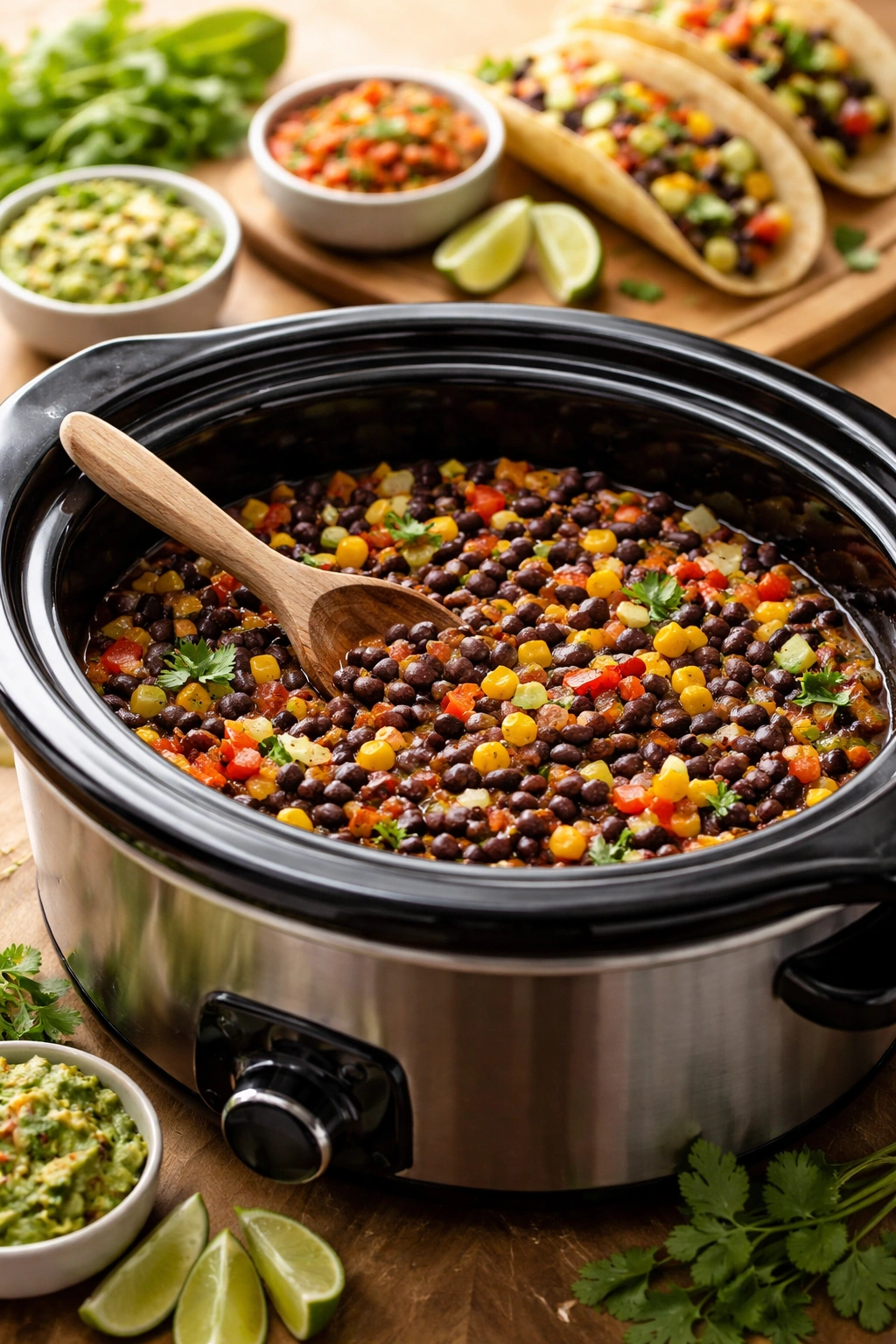 Close-up inside a slow cooker showing black beans and peppers simmering