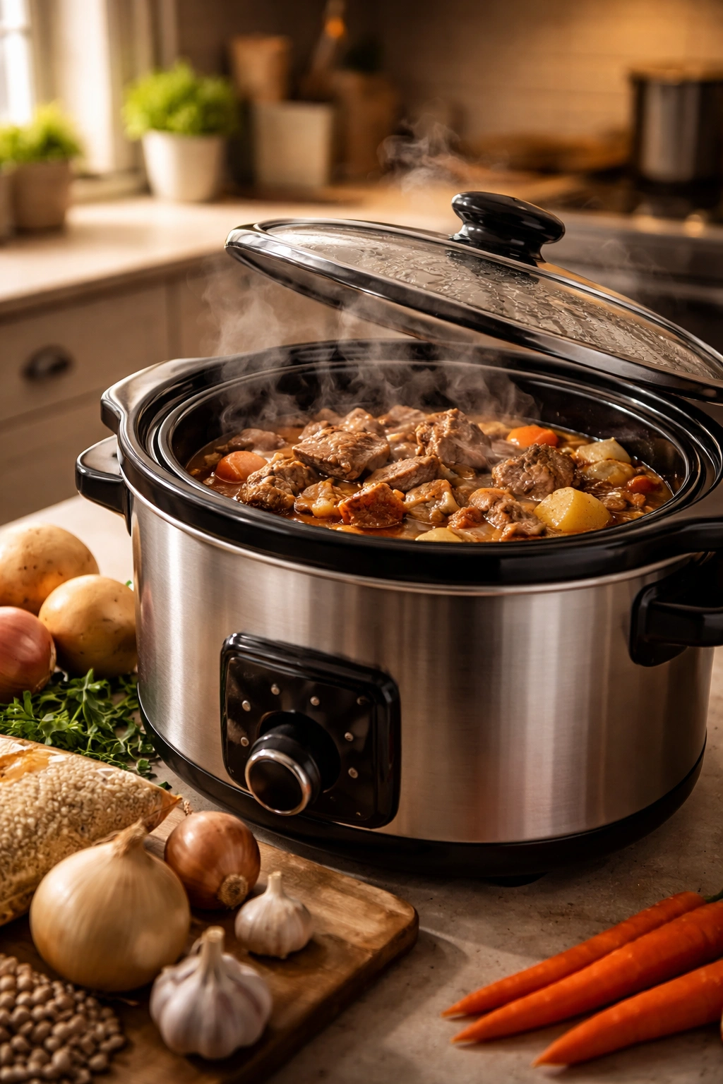 Close-up of a slow cooker on a kitchen counter with steam and tender meat inside