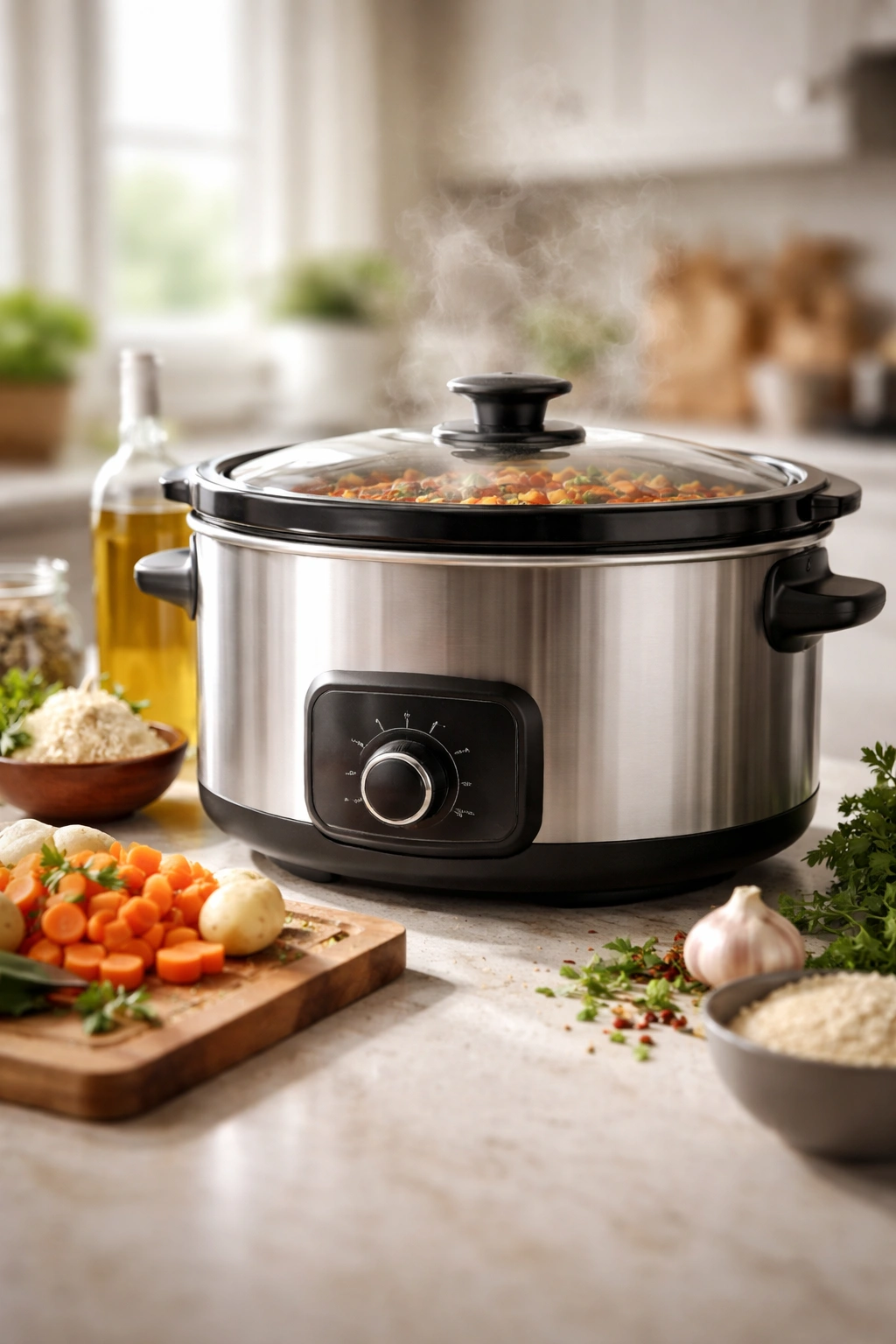 Slow cooker on kitchen counter with steam, representing budget-friendly meals