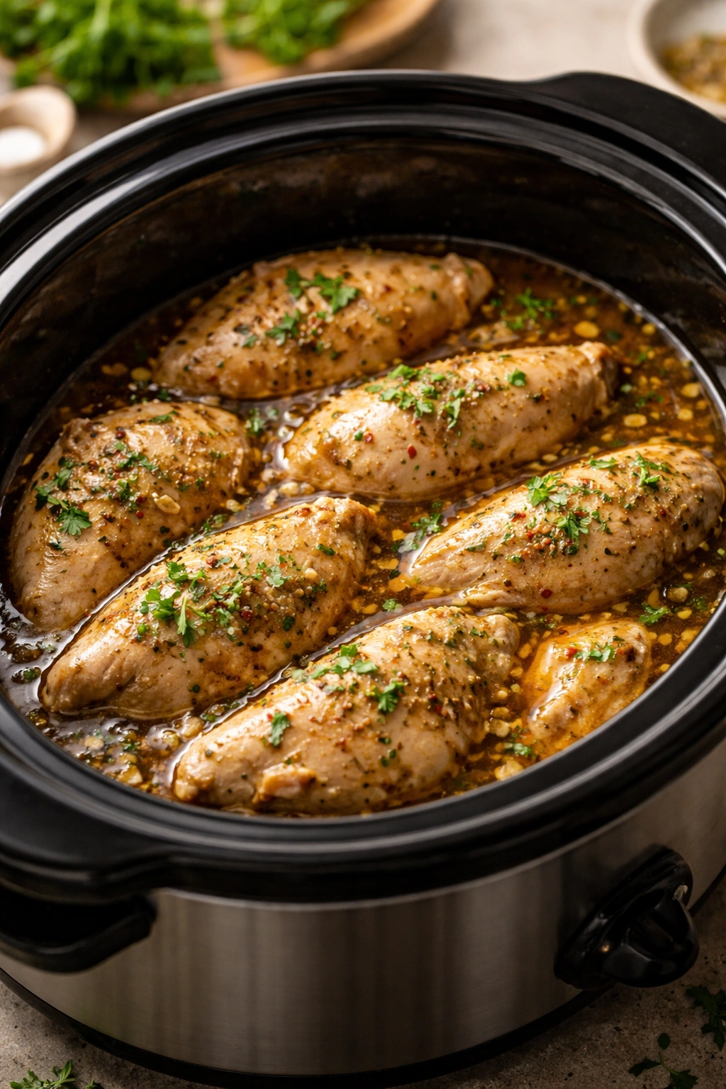 Chicken in slow cooker insert with glossy sauce
