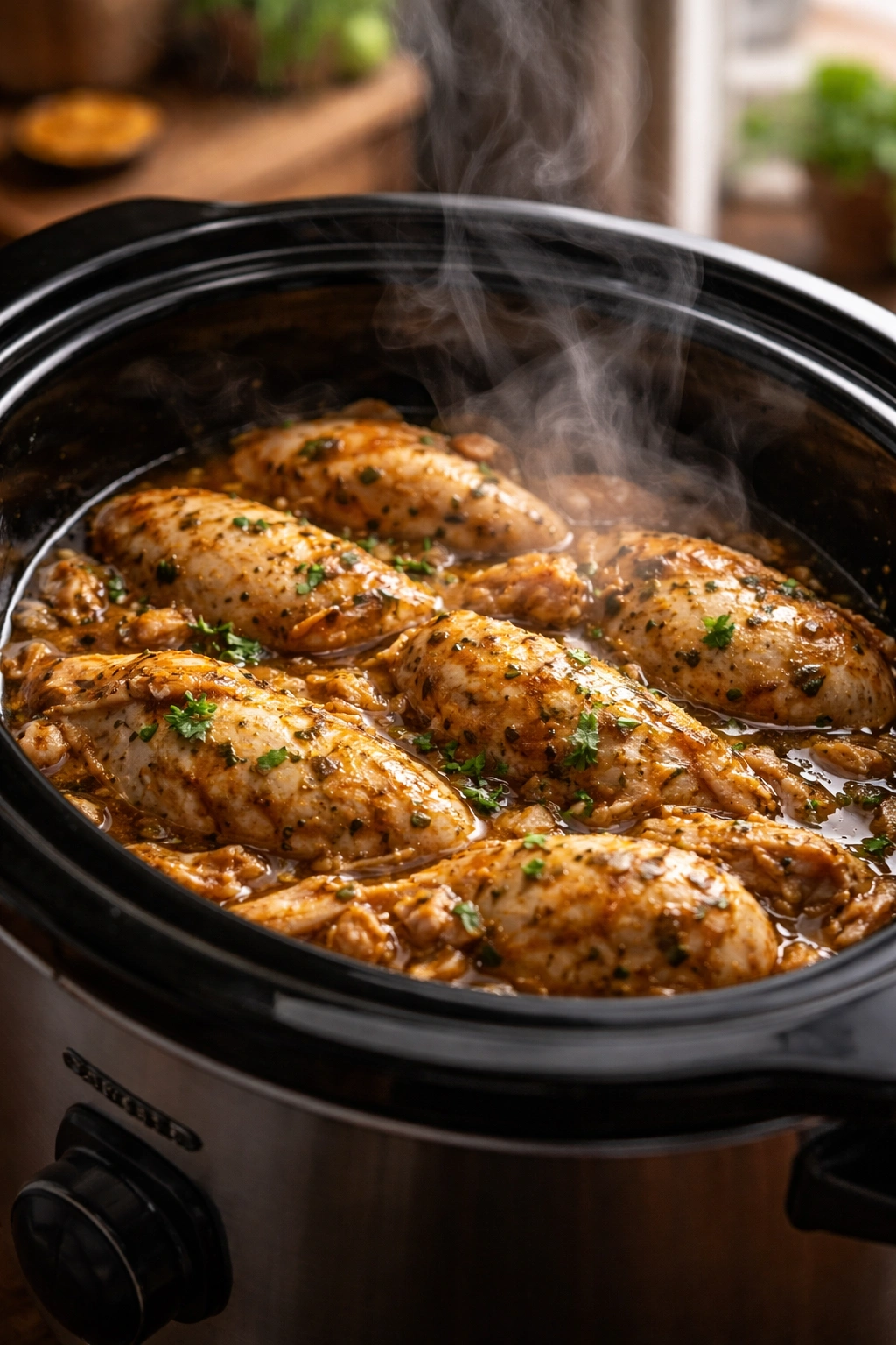 Moist chicken in a slow cooker with gentle steam