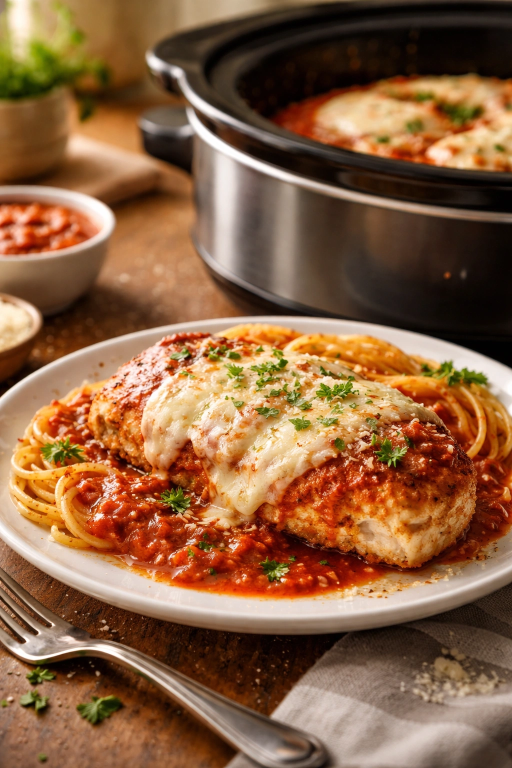 Plated slow cooker chicken parmesan with melted mozzarella in sauce, background slow cooker