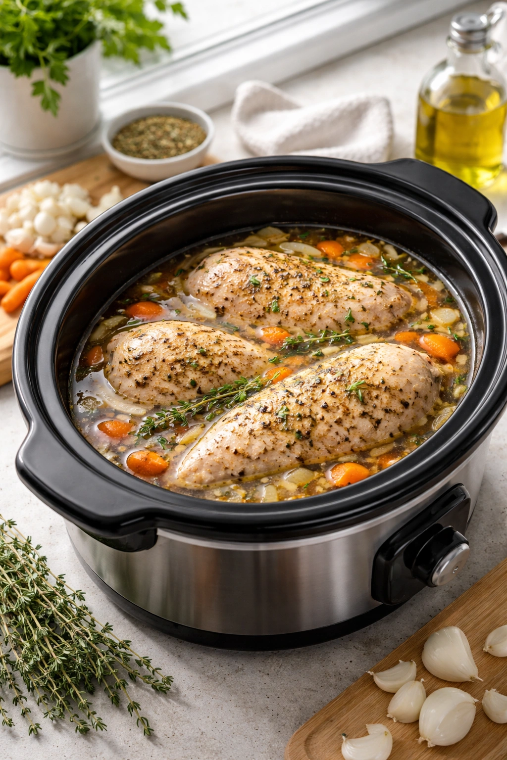 Slow cooker with chicken and broth inside the pot