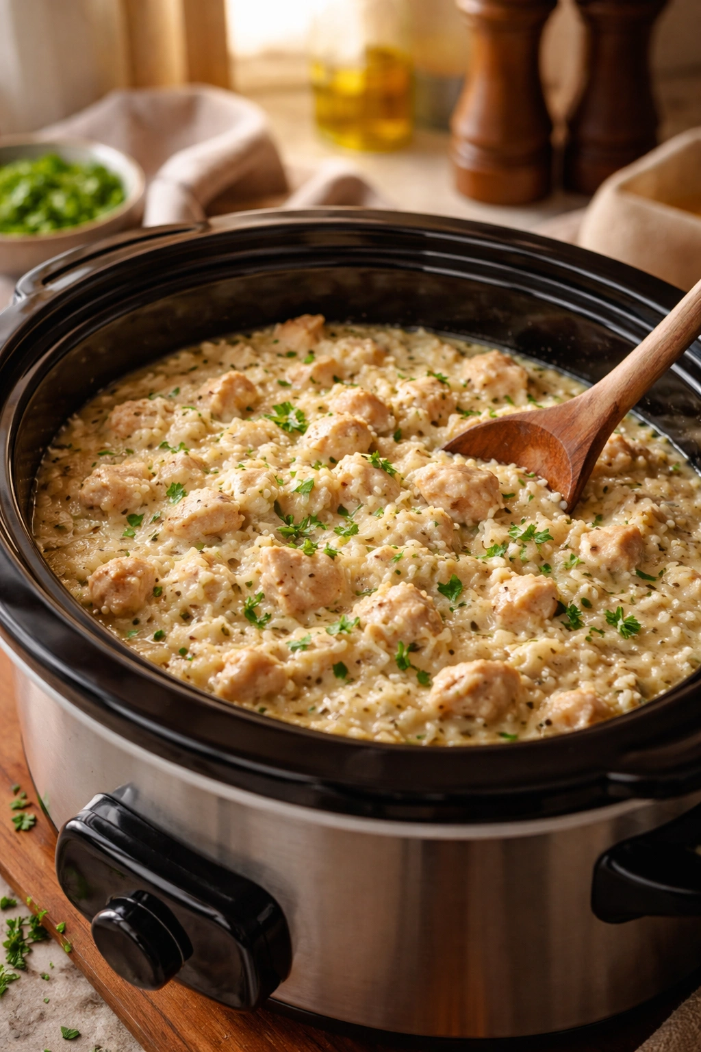 Creamy chicken and rice in a slow cooker ready to serve a crowd