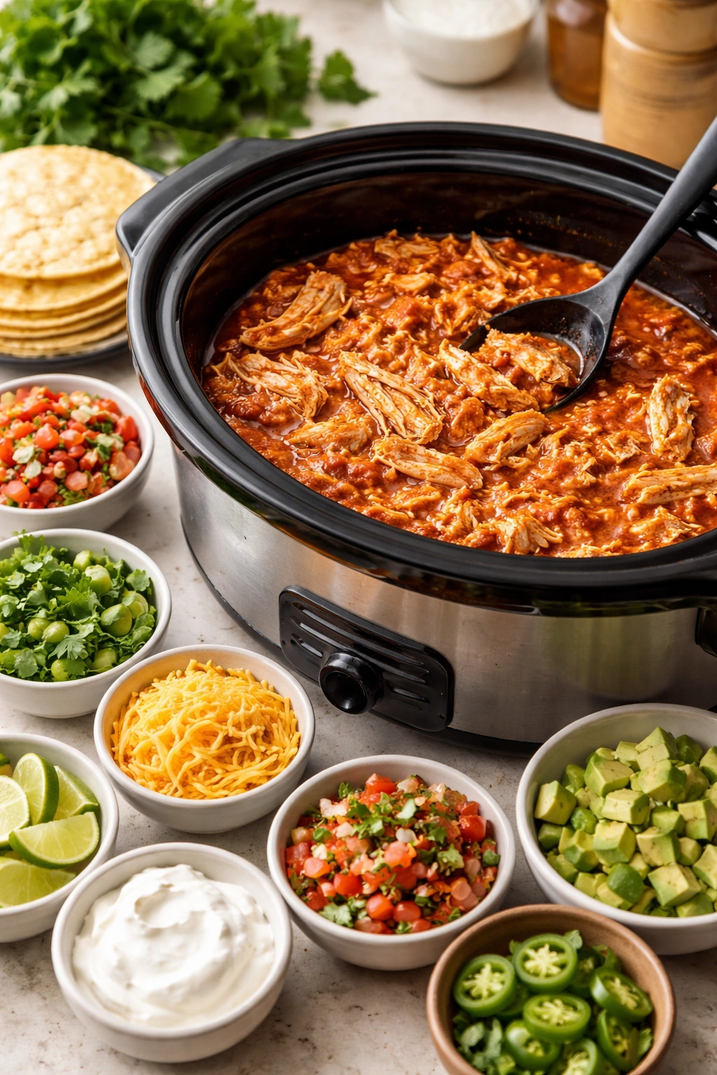 Shredded salsa chicken in a slow cooker with taco toppings nearby.