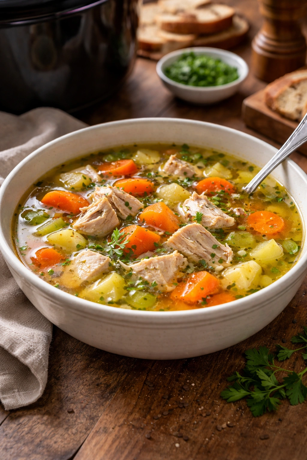 Chicken and root vegetable soup in a bowl