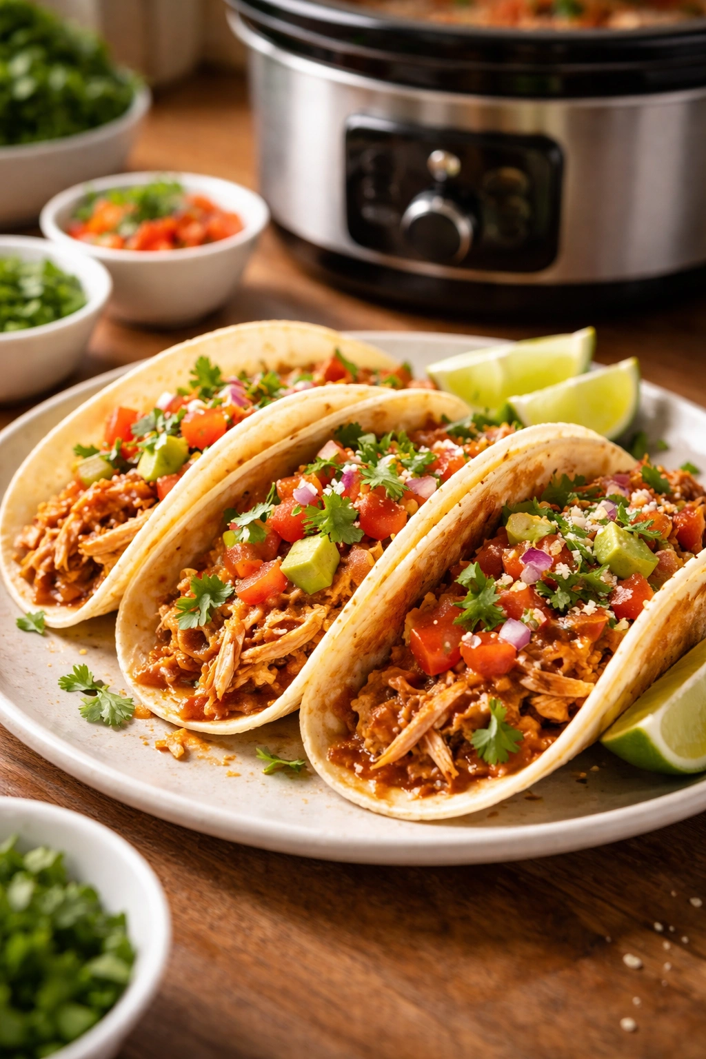 Shredded salsa chicken tacos in warm tortillas