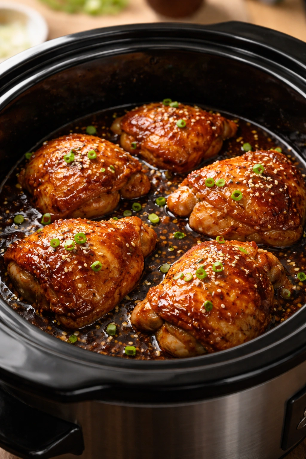 Glazed chicken thighs in a slow cooker with honey garlic sauce