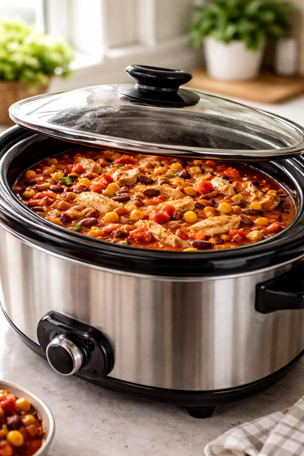Slow cooker with chicken chili visible through the lid on kitchen counter