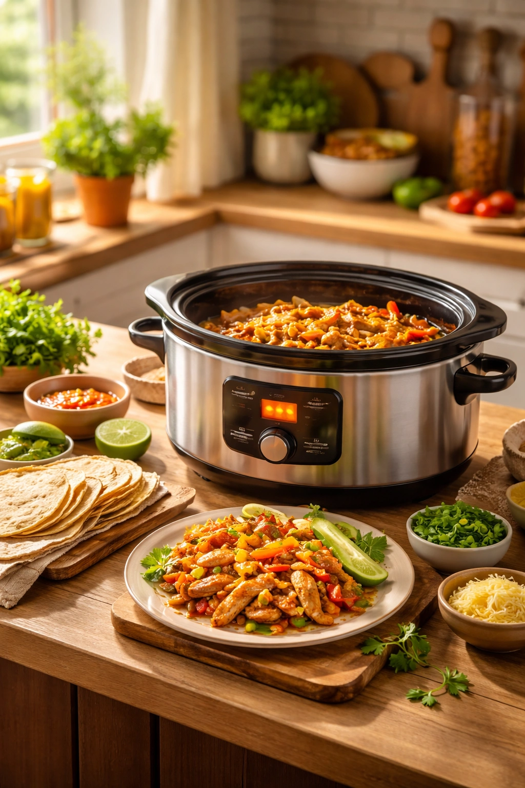 Slow cooker on a kitchen counter with warm light suggesting easy weeknight dinner