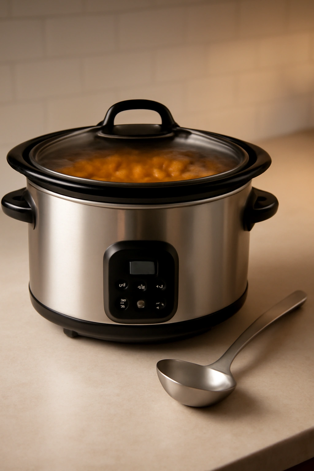 Slow cooker on counter with warm glow, ready-to-eat dinner