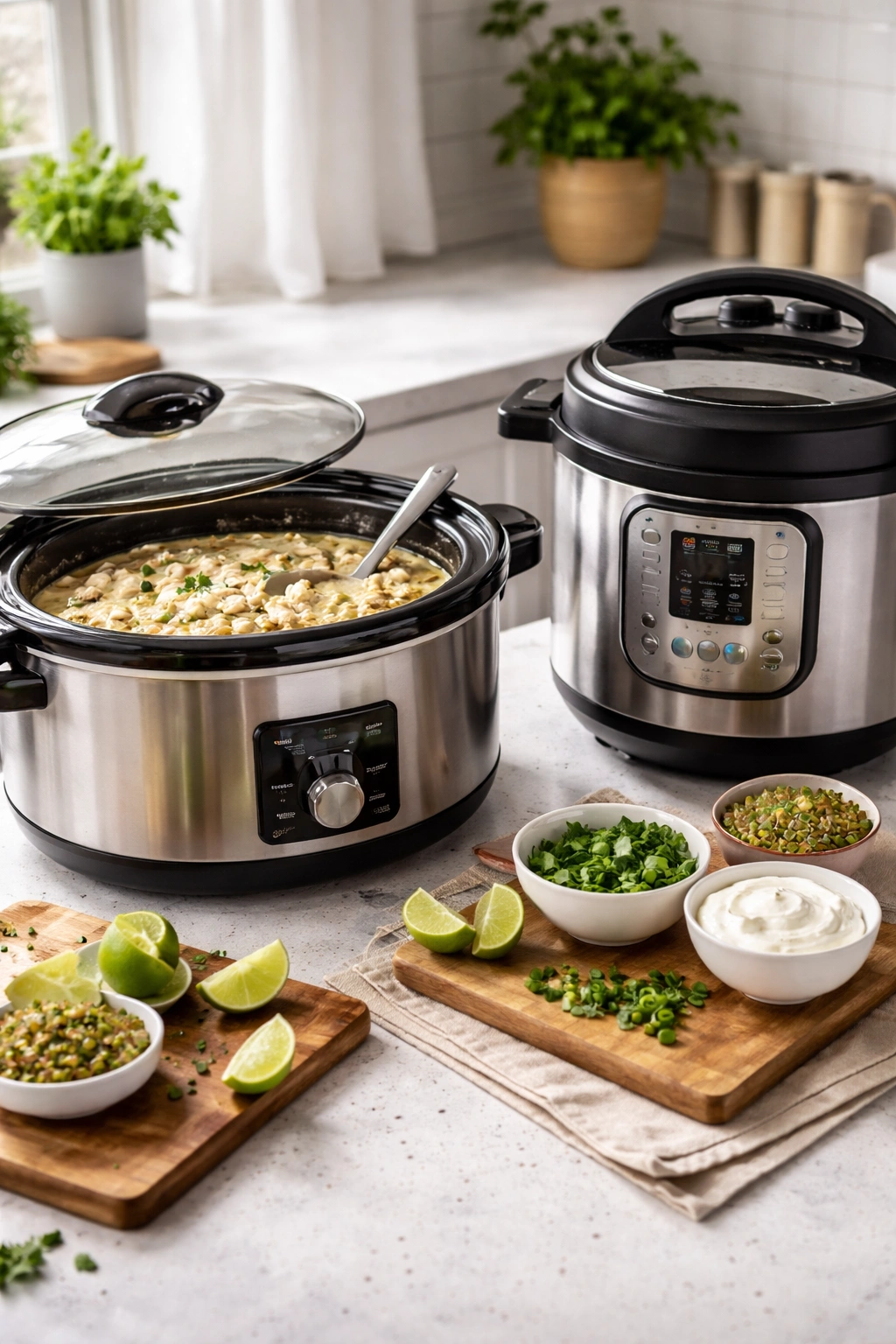 Slow cooker and Instant Pot on kitchen counter side by side