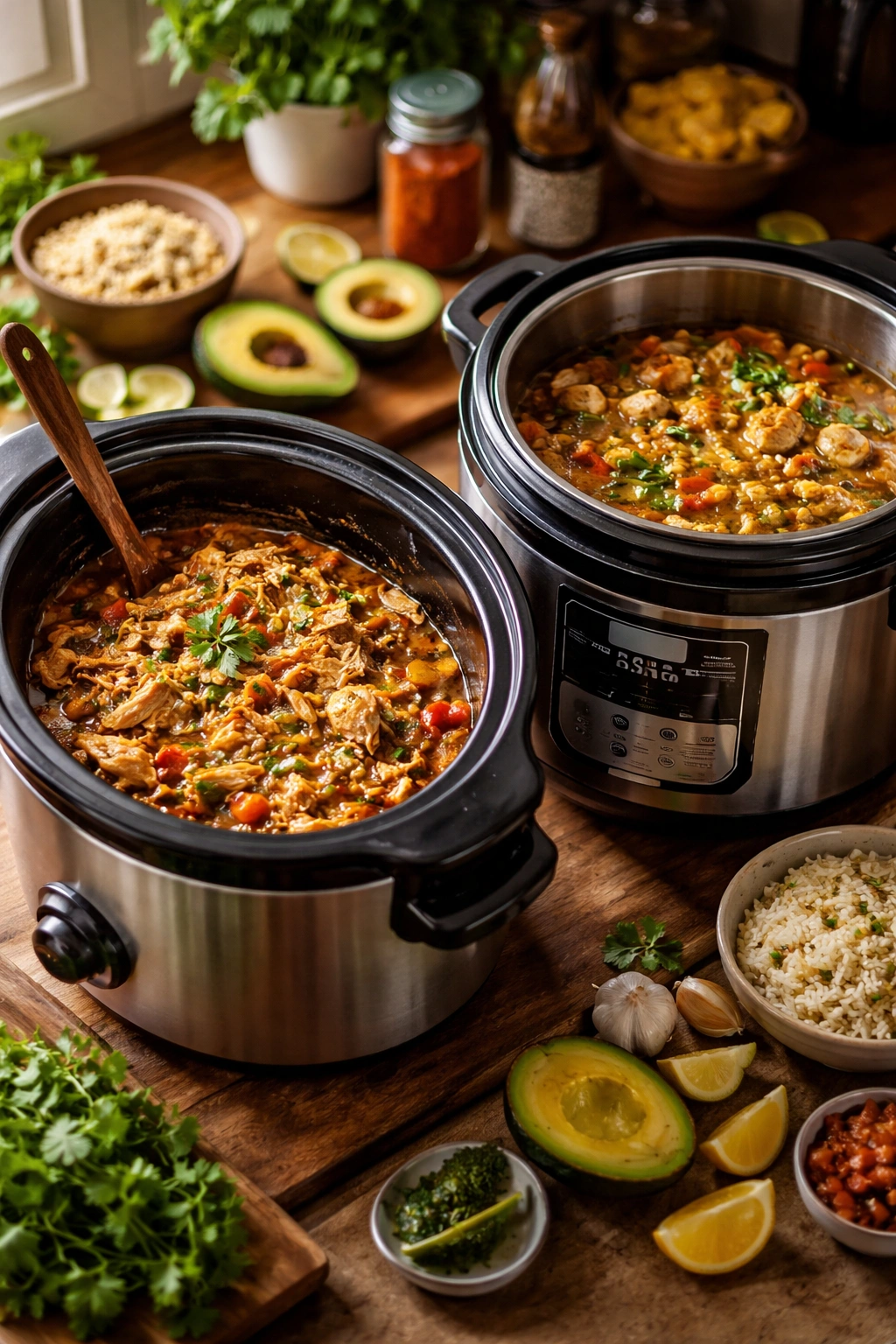 Slow cooker and Instant Pot with tender chicken and vegetables visible inside