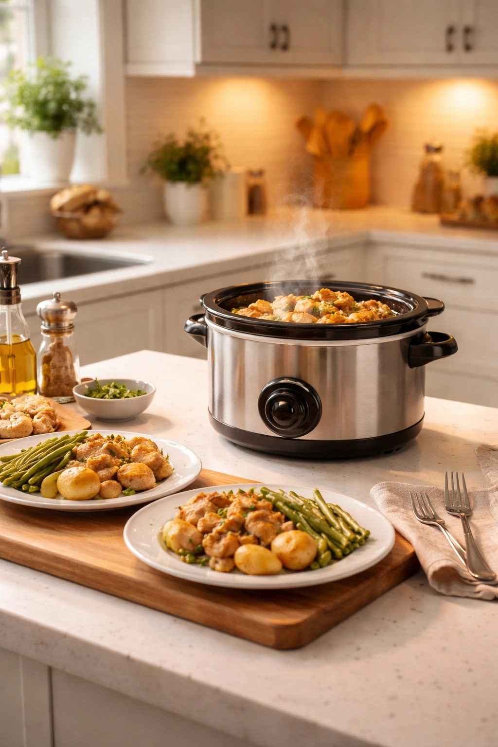 Small slow cooker on a kitchen counter with warm glow, representing conclusion of two-person meals