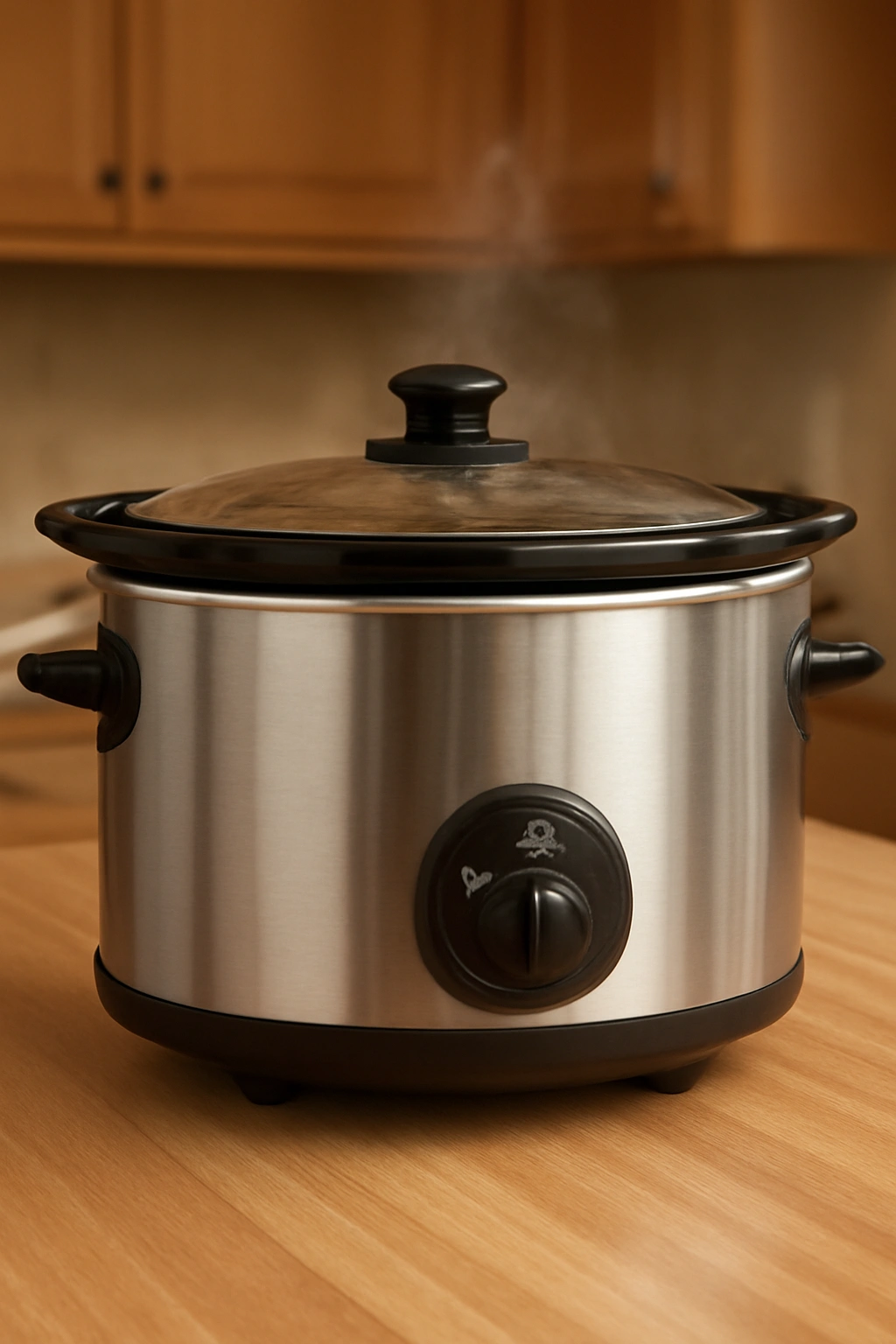 Stainless steel slow cooker on kitchen counter with subtle steam