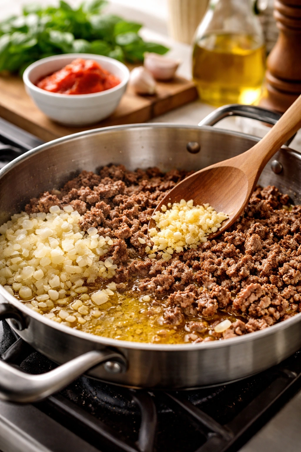 Close-up of onions browning and ground beef in a skillet for slow cooker lasagna sauce
