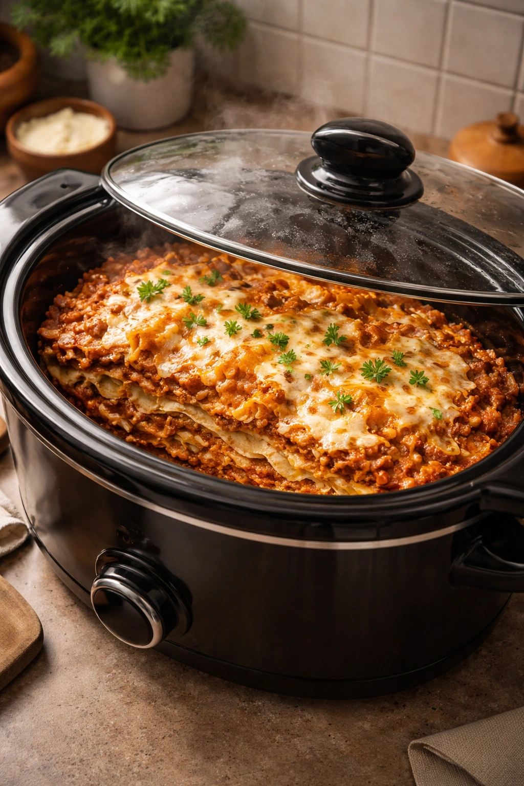 Slow cooker lasagna inside glass pot with visible layers and steam
