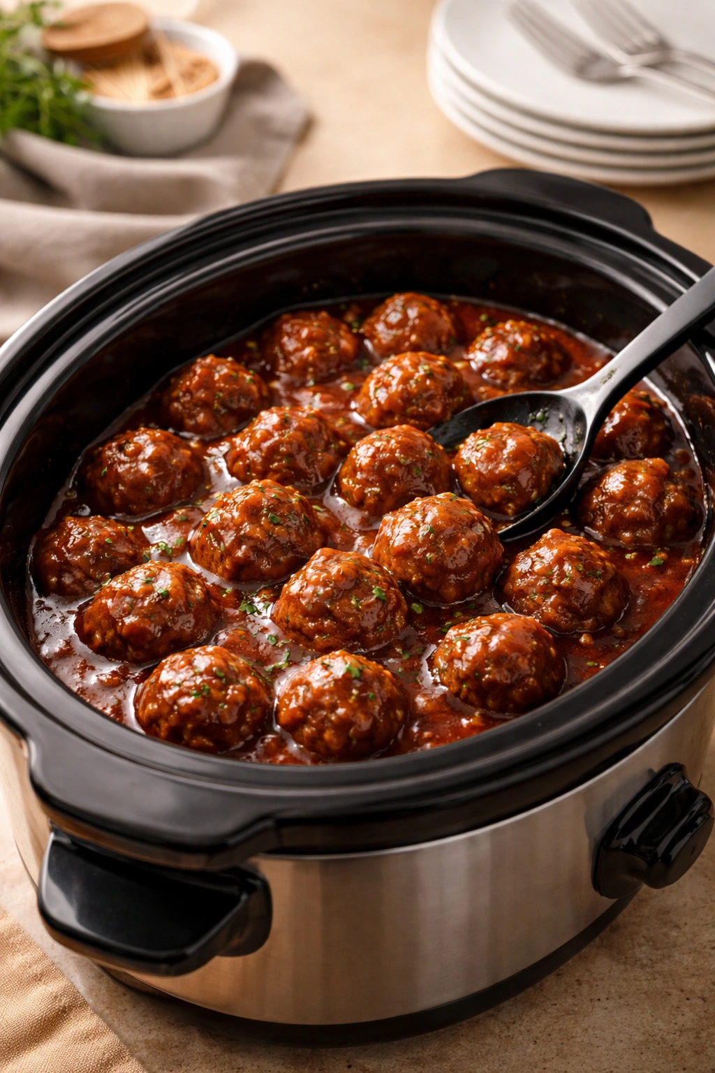 Close-up of meatballs in sauce inside a slow cooker insert