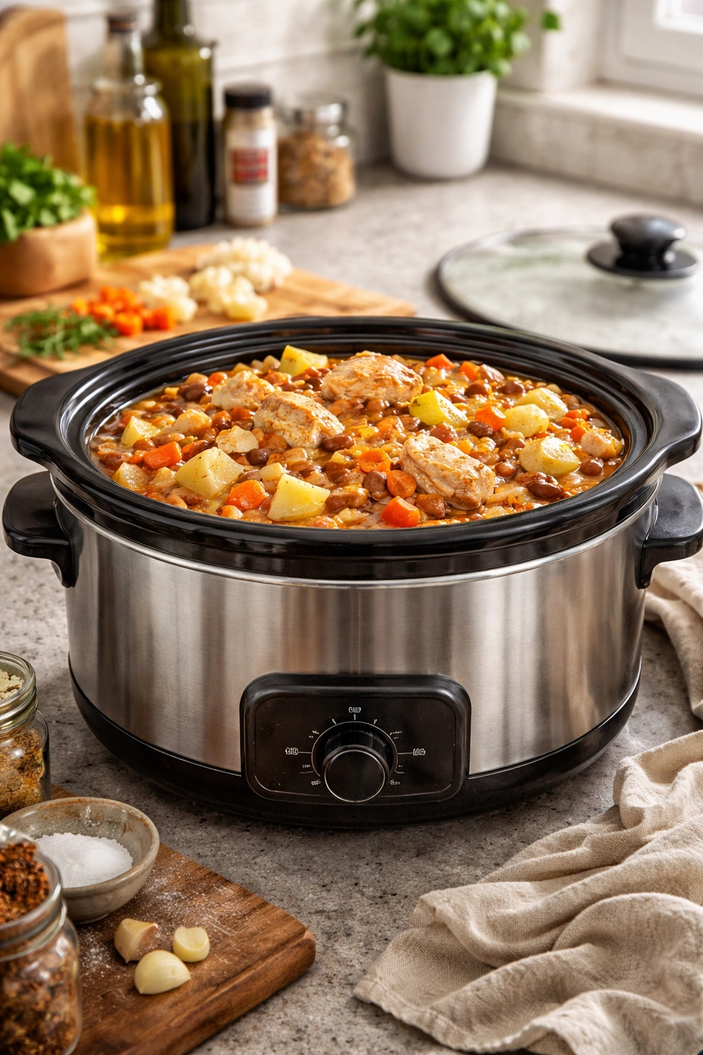 Slow cooker with lid off showing overfilled contents