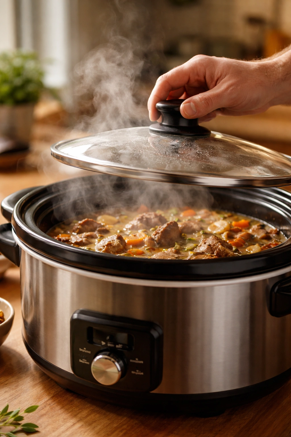 Hand lifting slow cooker lid with steam rising