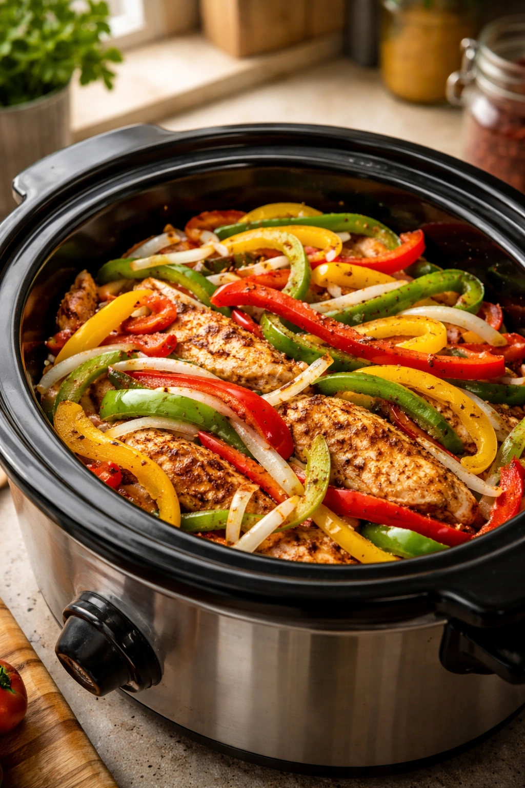 Slow cooker with evenly distributed chicken and peppers