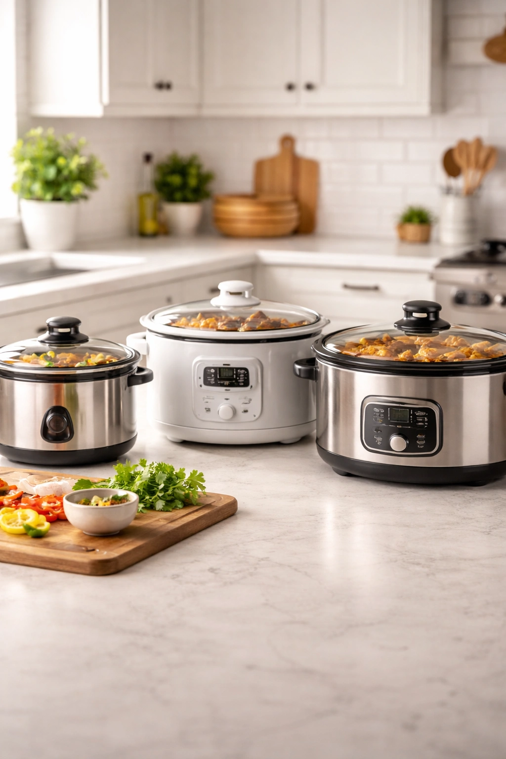 Three different slow cookers on a counter showing varied sizes