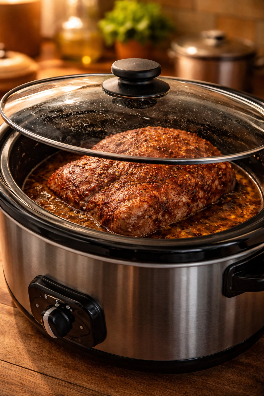 Pork shoulder in a slow cooker with broth ready to braise