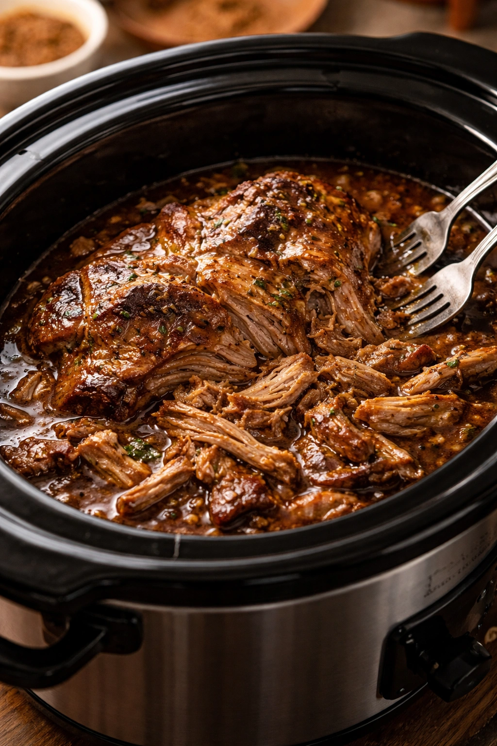 Slow cooker braised pork shoulder in glossy sauce, close-up
