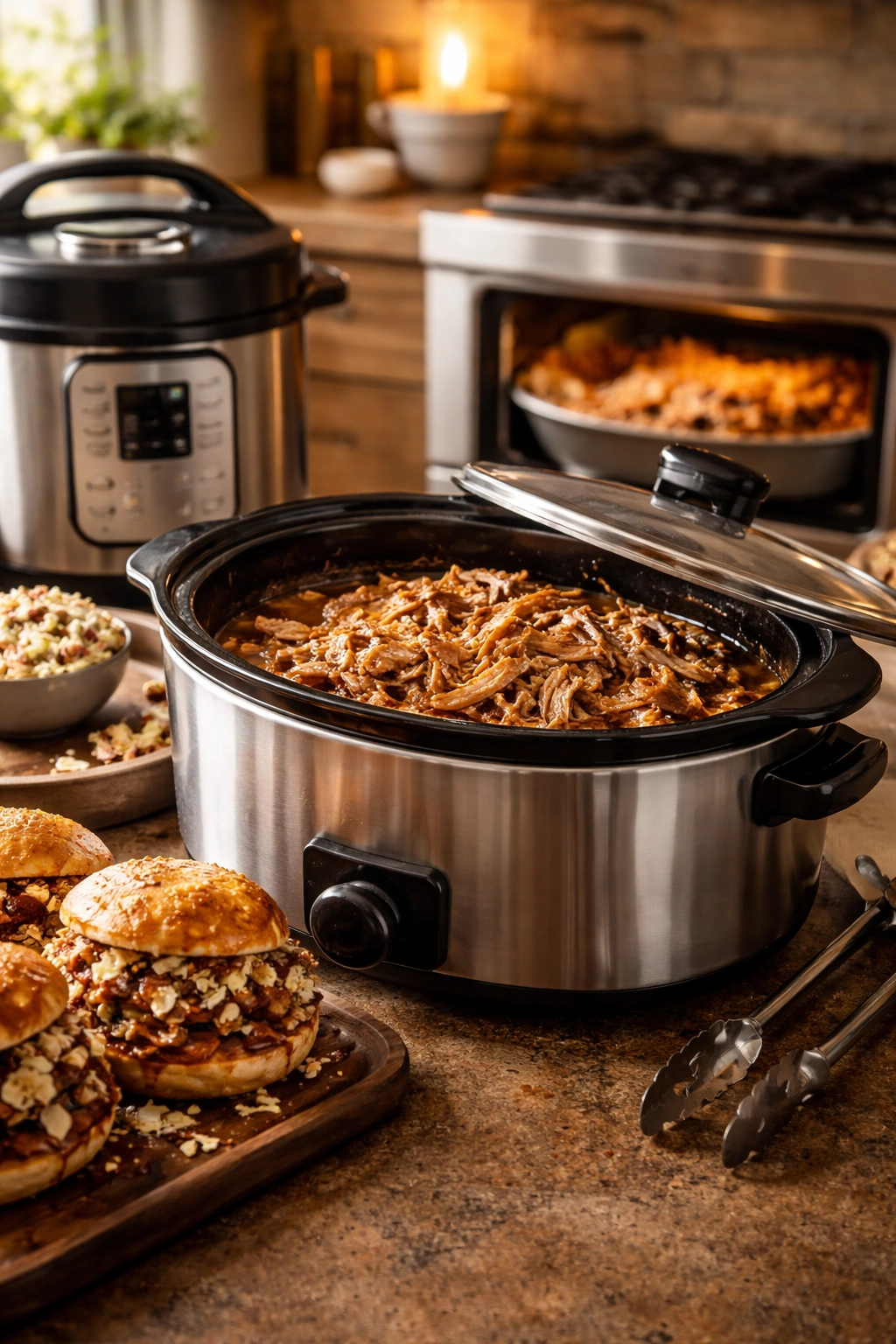 Slow cooker with pulled pork visible inside on a warm kitchen counter