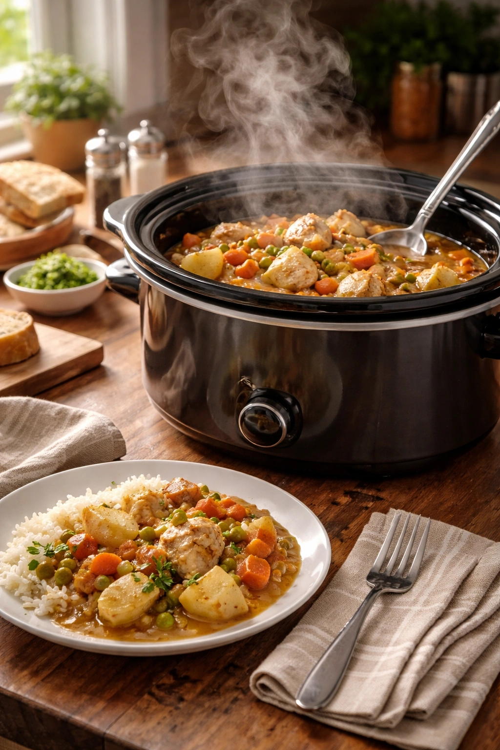 Slow cooker reheating scene with steam and plated serving in a cozy kitchen