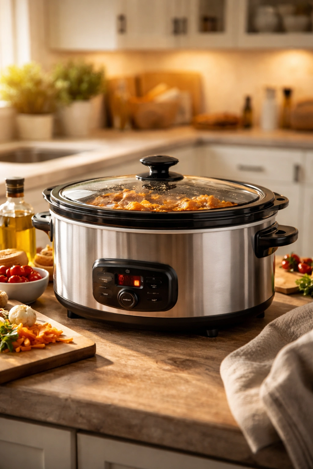 Slow cooker on kitchen counter with lid on and warm glow.