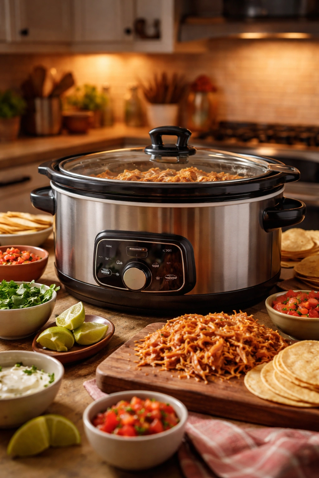 Slow cooker on kitchen counter with lid on