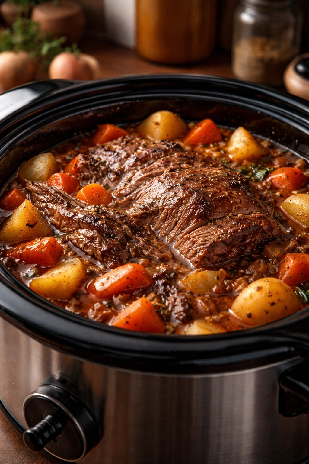 Close-up of a slow cooker dish with tender beef chuck, carrots, and potatoes in a glossy sauce