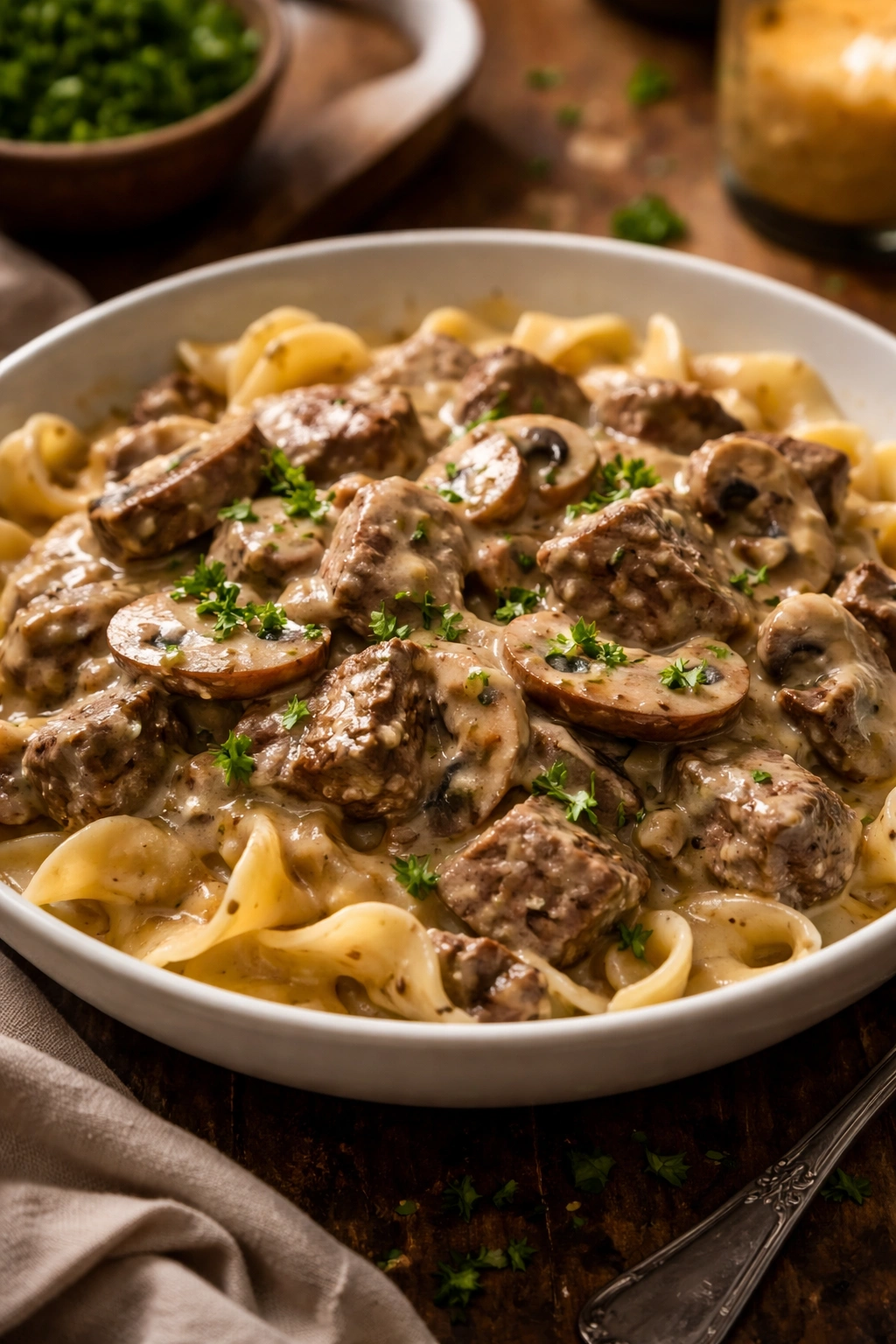 Slow Cooker Stroganoff creamy beef with mushrooms in a bowl, warm lighting