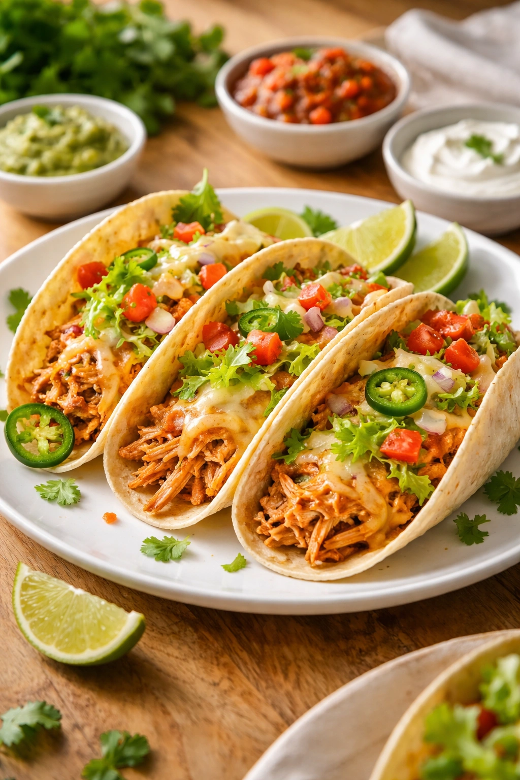 Shredded chicken tacos on a plate with cheese and lettuce