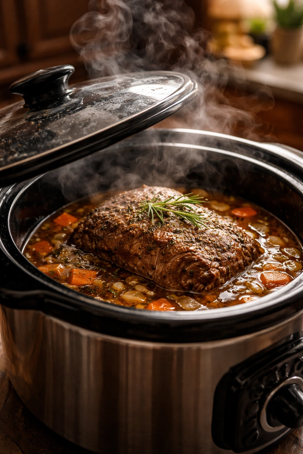 Slow cooker steaming with braised beef visible through the edge