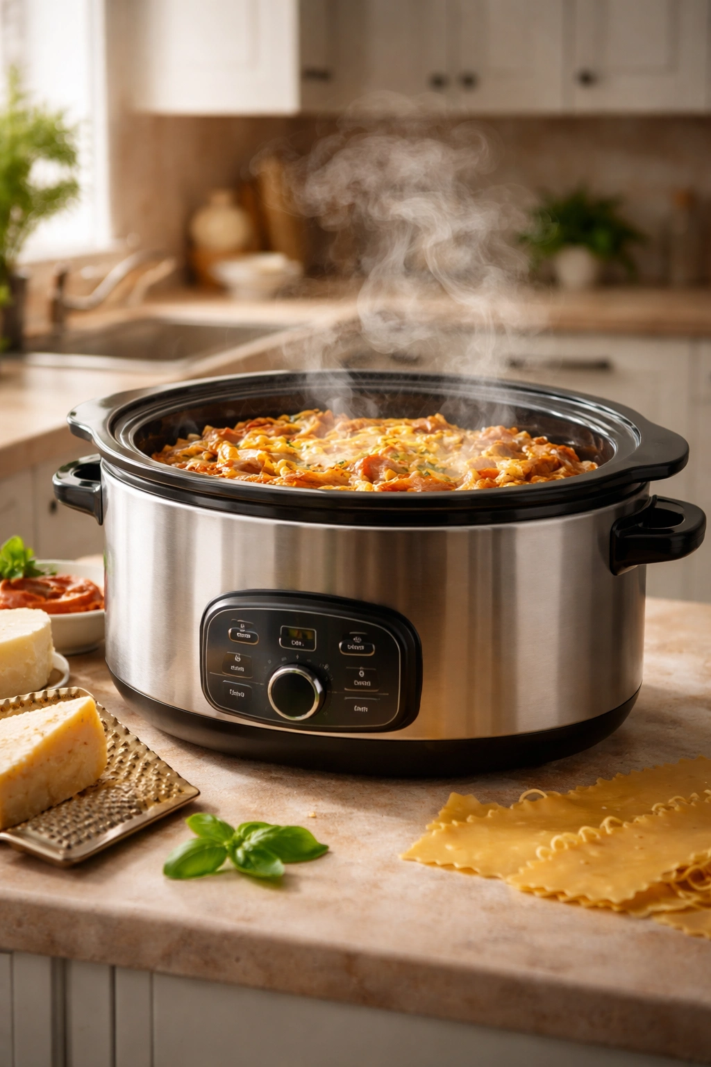Slow cooker with steaming sauce illustrating timing and temperature guidance