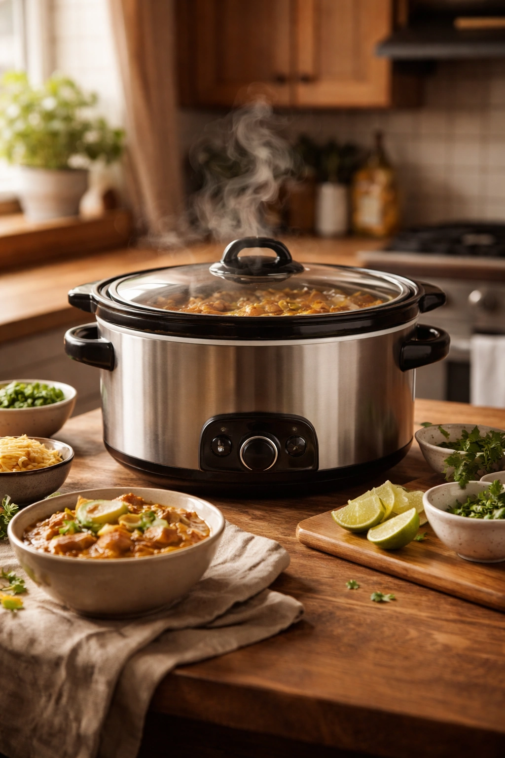 Calm kitchen with a slow cooker steaming, reflecting final thoughts on effortless flavor and versatile tortilla soup