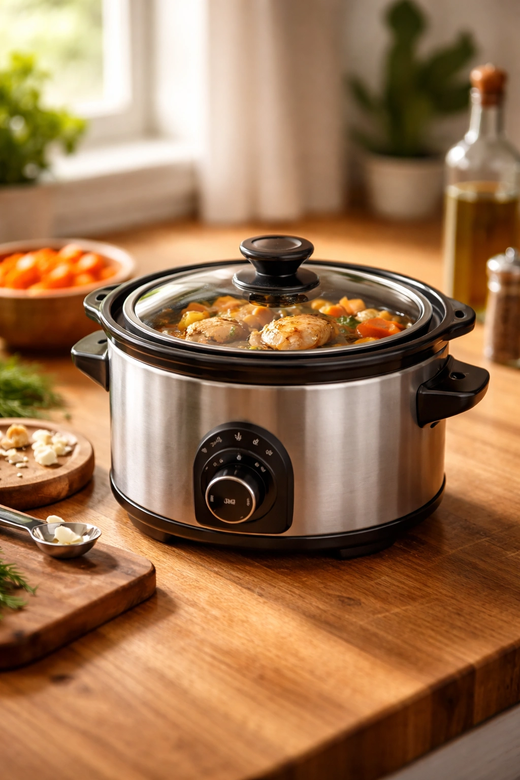 Close-up of a compact slow cooker on a wooden counter in a cozy two-person kitchen