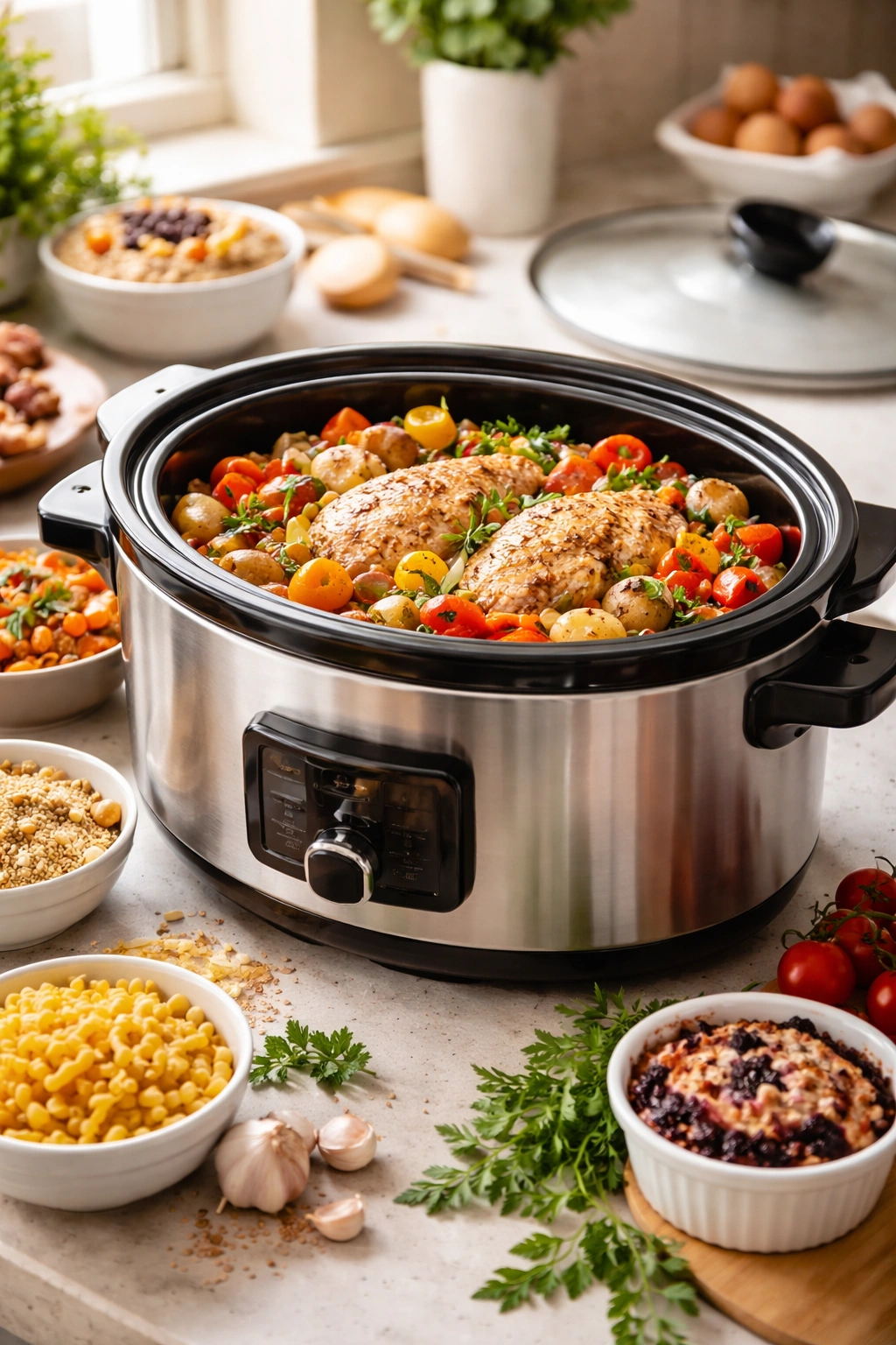 Close-up of a modern slow cooker with colorful layered ingredients inside