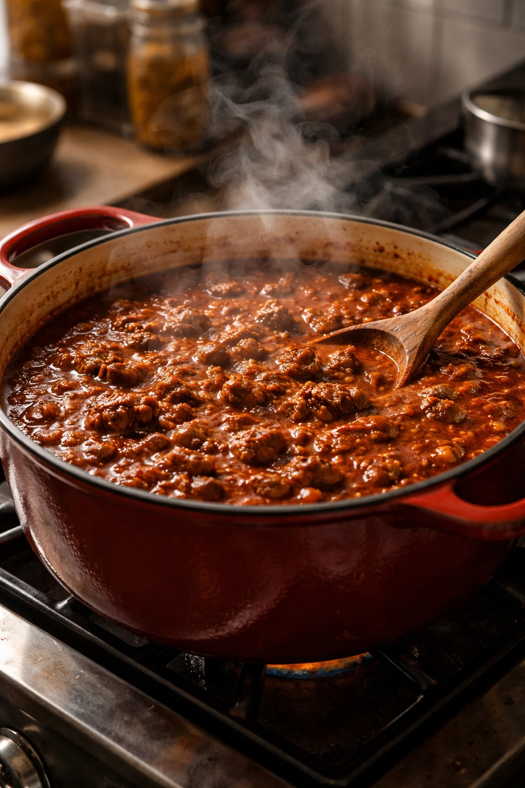 A heavy pot of chili simmering on the stove with small bubbles and steam