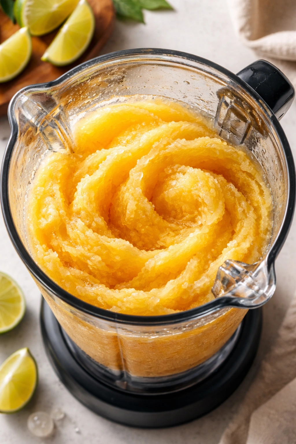 Thick mango slush forming in a blender with ice crystals visible