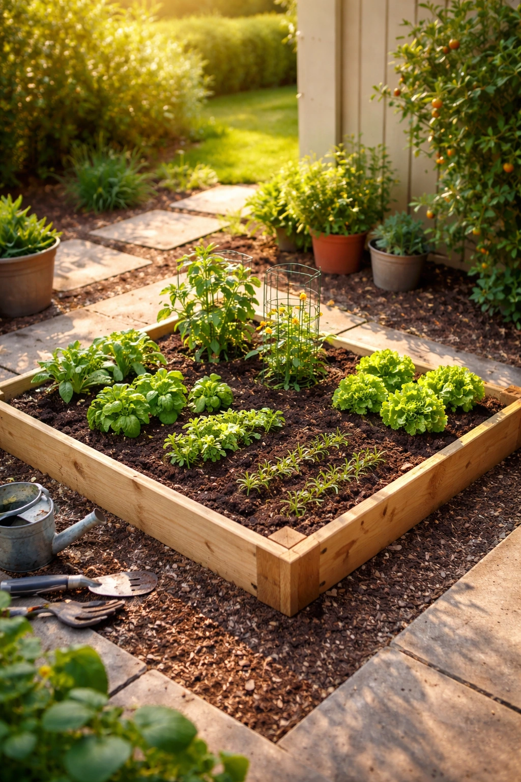 Small 4x4 ft garden plot with young vegetables