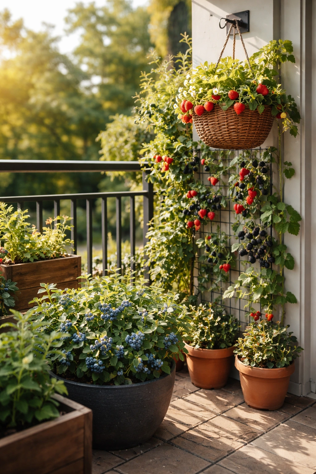 Compact berry garden on a balcony with trellis, hanging basket, and containers