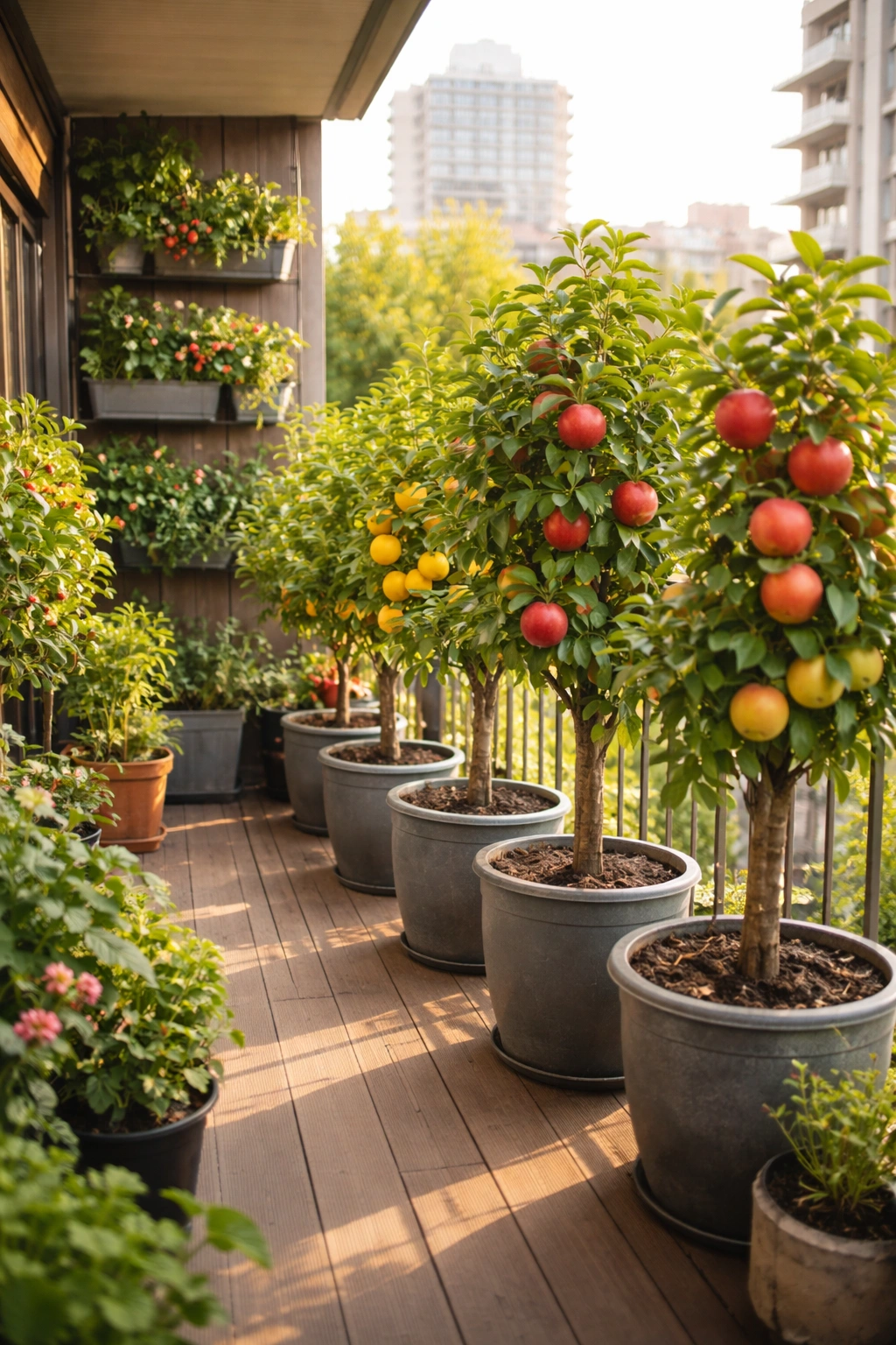 Compact fruit trees in pots on a narrow urban balcony.