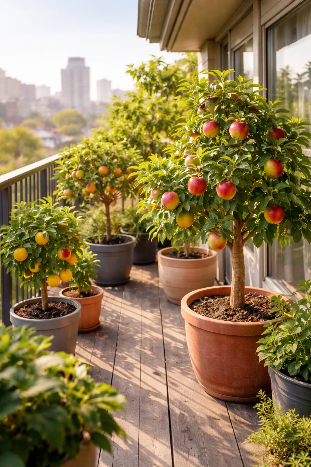 Compact balcony with potted fruit trees illustrating small-space fruit gardening