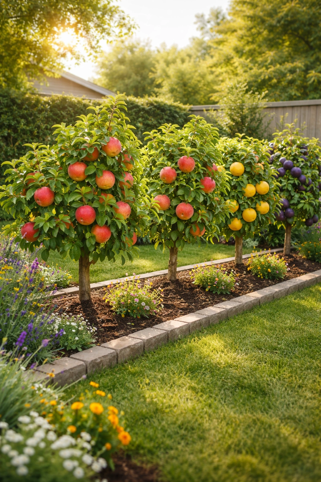 Row of compact dwarf fruit trees in a small garden bearing fruit