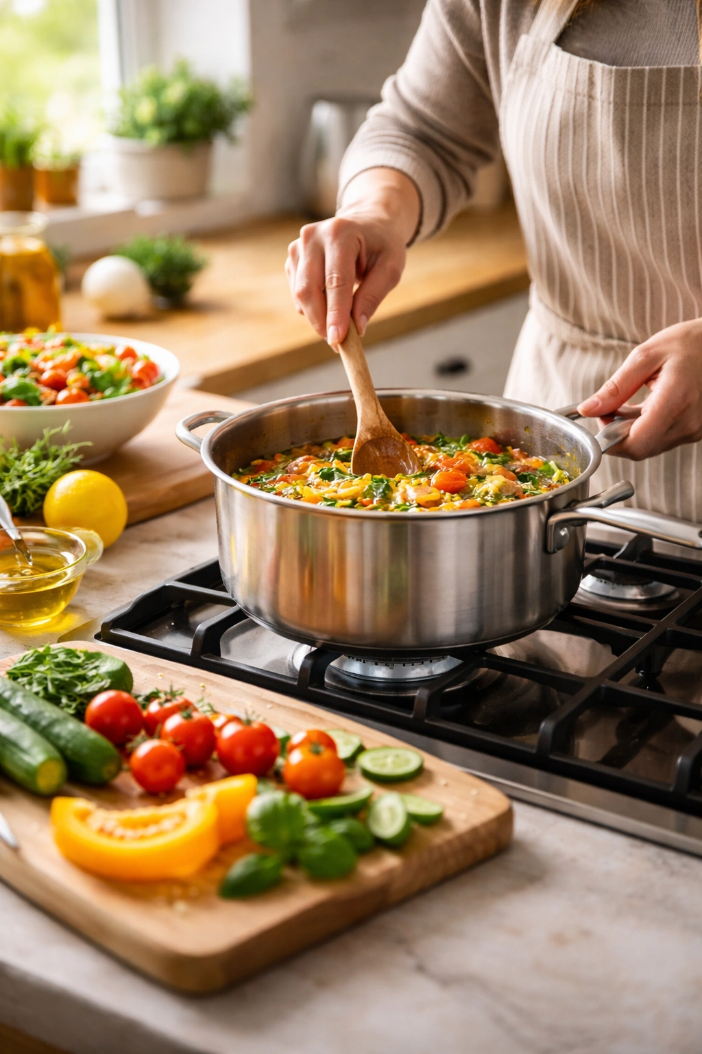Person cooking in a warm kitchen with a simmering pot and vegetables to illustrate smart, simple family meals