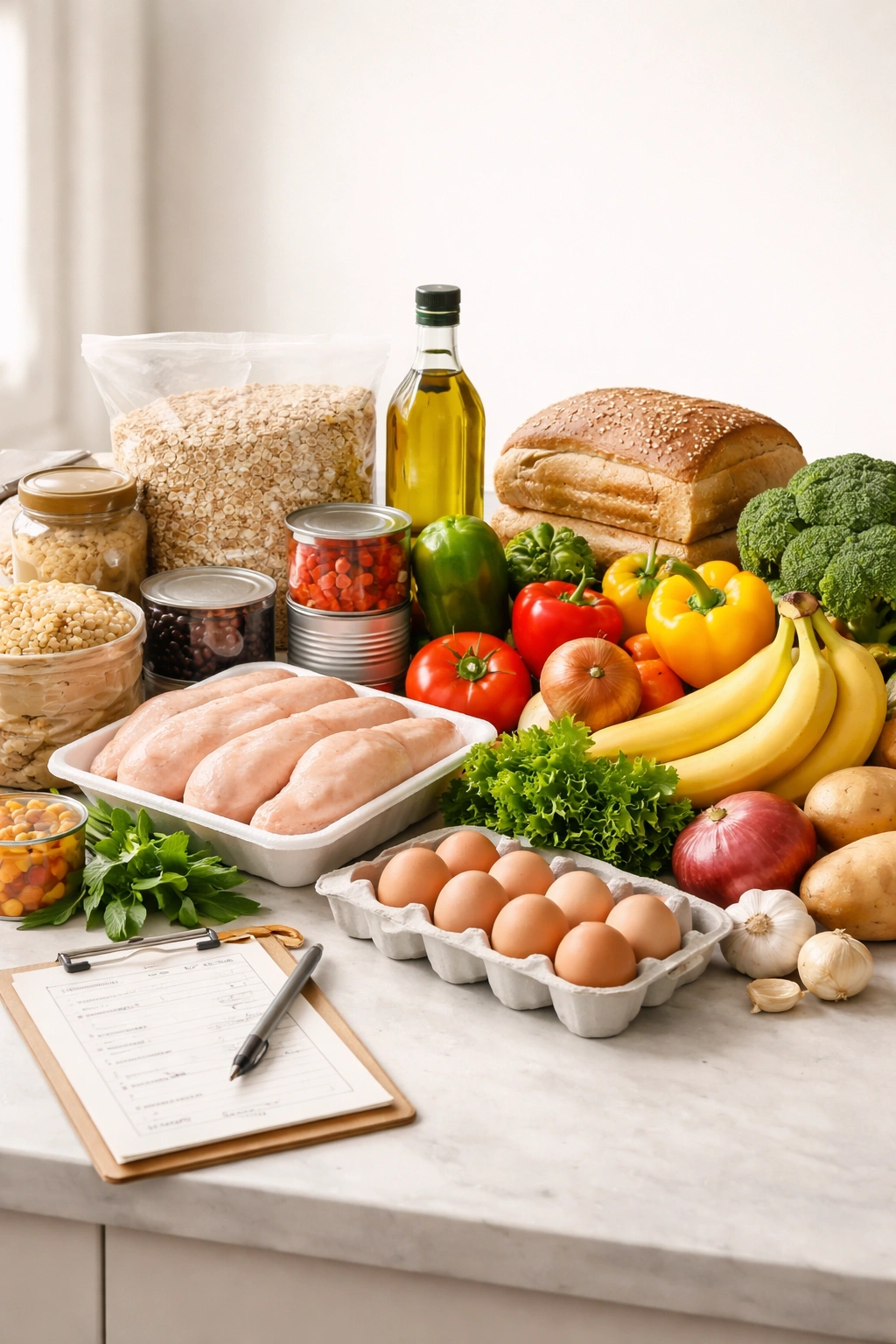 Groceries arranged to convey smart, budget-conscious shopping strategies